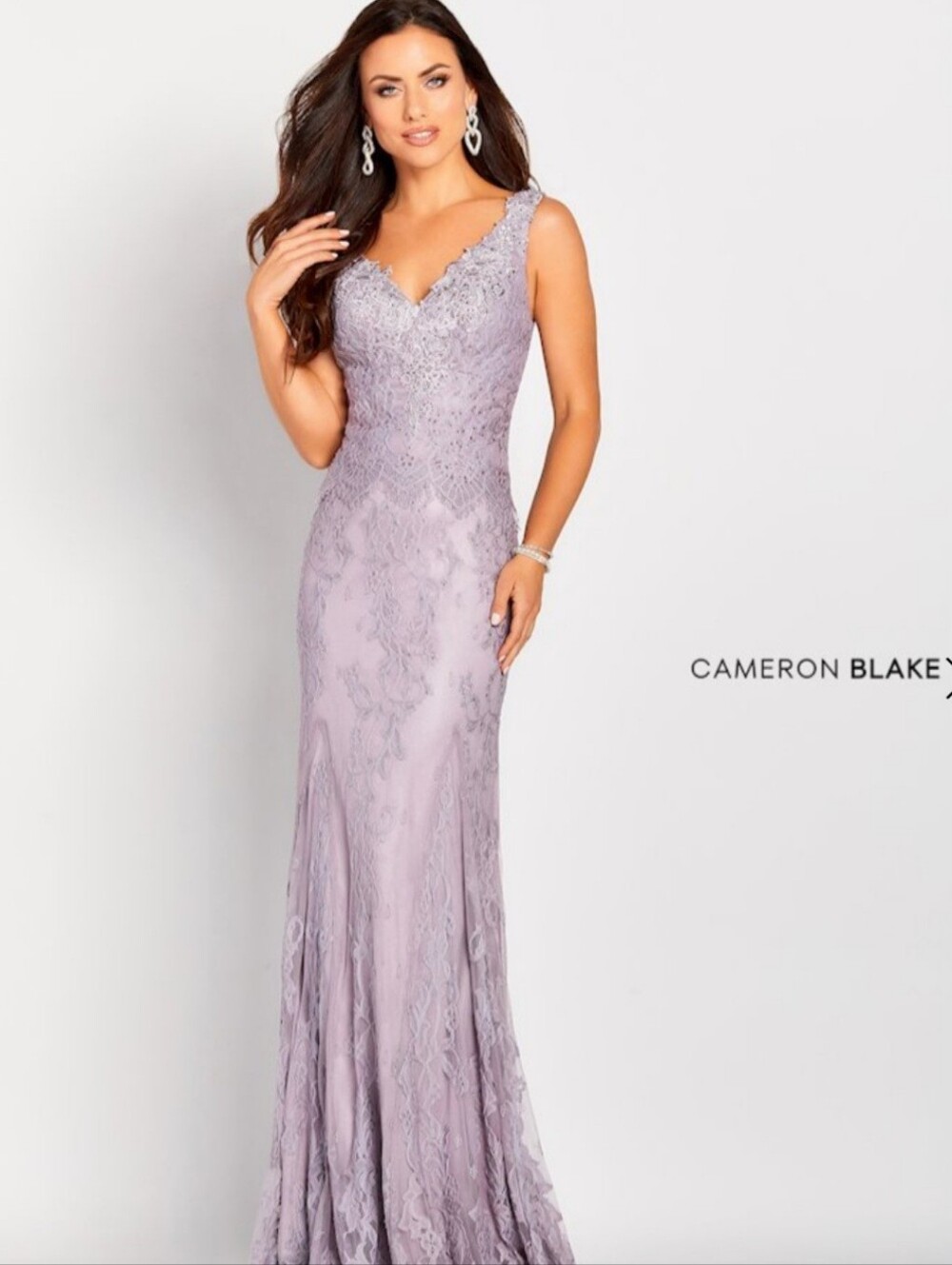 Cameron Blake Lilac Lace V-Neck Maxi Gown